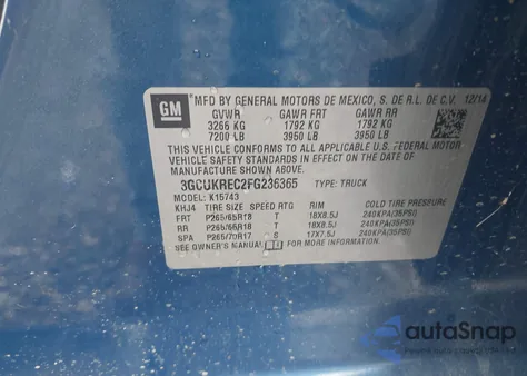 2015 Chevrolet Silverado 1500 2Lt z USA, uszkodzony, nr VIN 3GCUKREC2FG236365